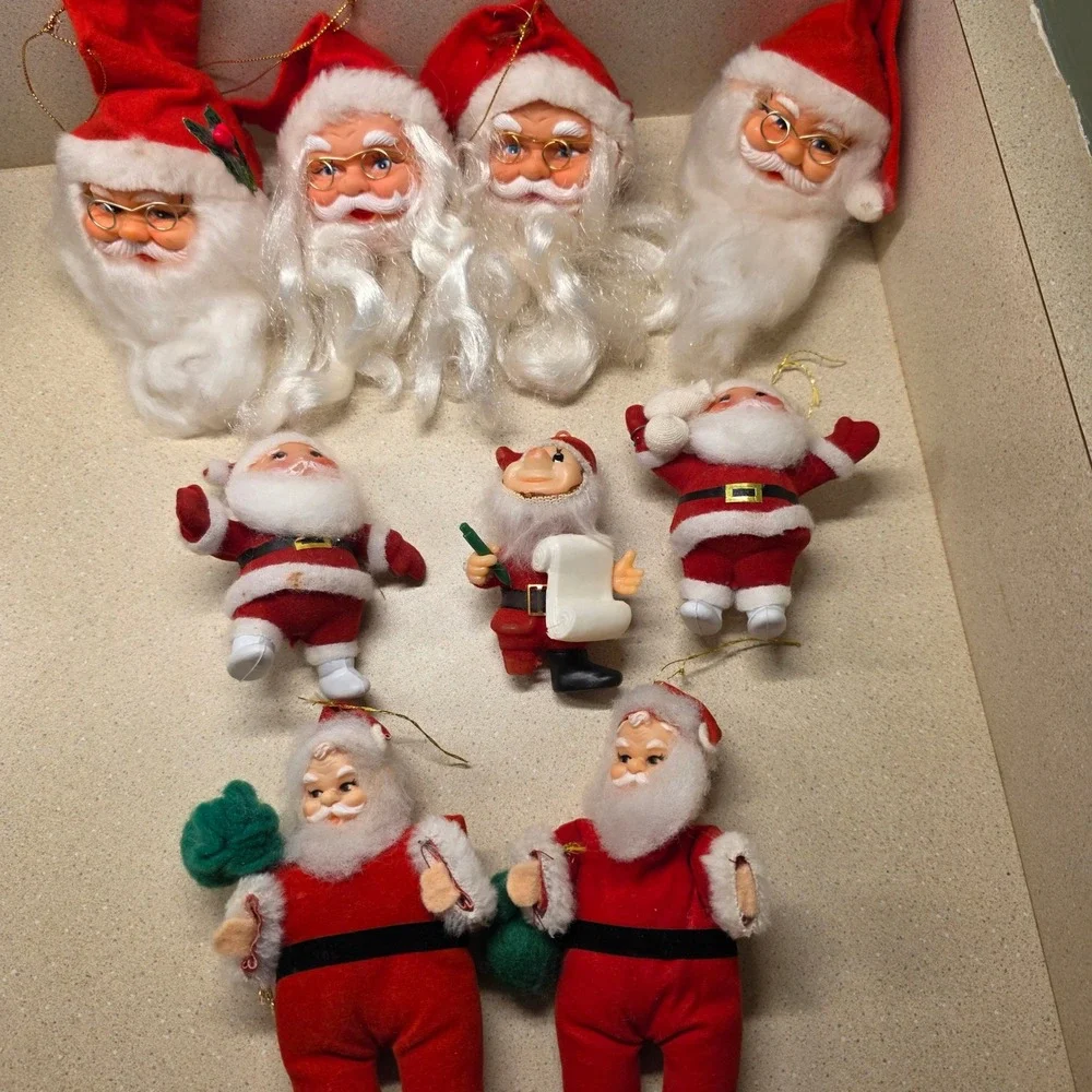 Lot of Vintage Santa Christmas Ornaments 9pc Red White Mid Century Retro, Rubber